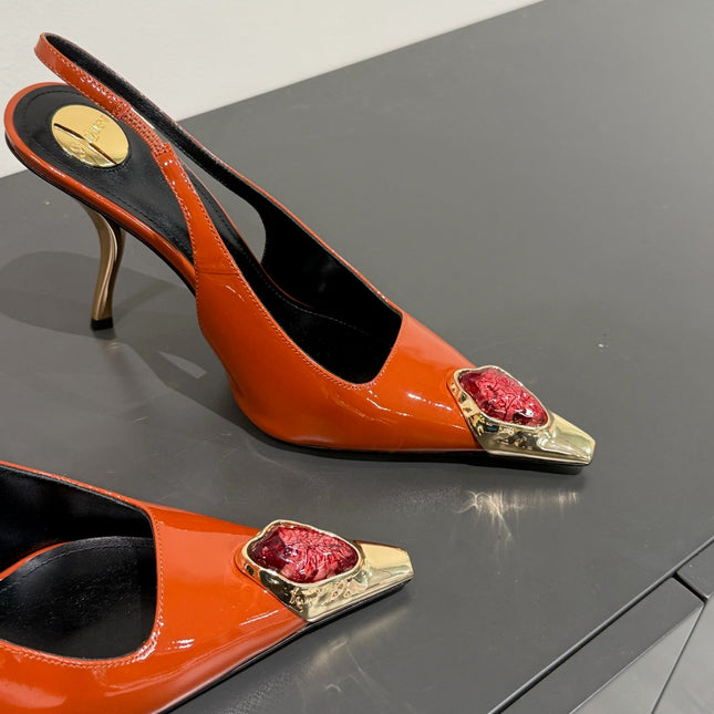 RED GEM-STUDDED SLINGBACK PUMPS IN ORANGE PATENT CALFSKIN