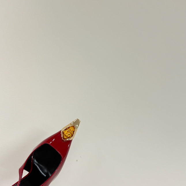ORANGE GEM-STUDDED SLINGBACK PUMPS IN RED PATENT CALFSKIN