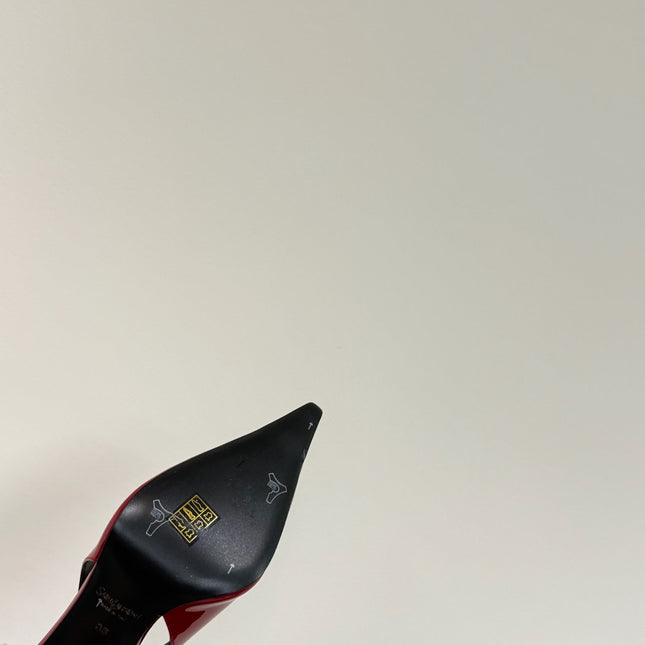 ORANGE GEM-STUDDED SLINGBACK PUMPS IN RED PATENT CALFSKIN