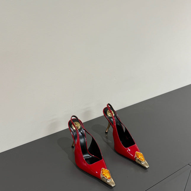 ORANGE GEM-STUDDED SLINGBACK PUMPS IN RED PATENT CALFSKIN