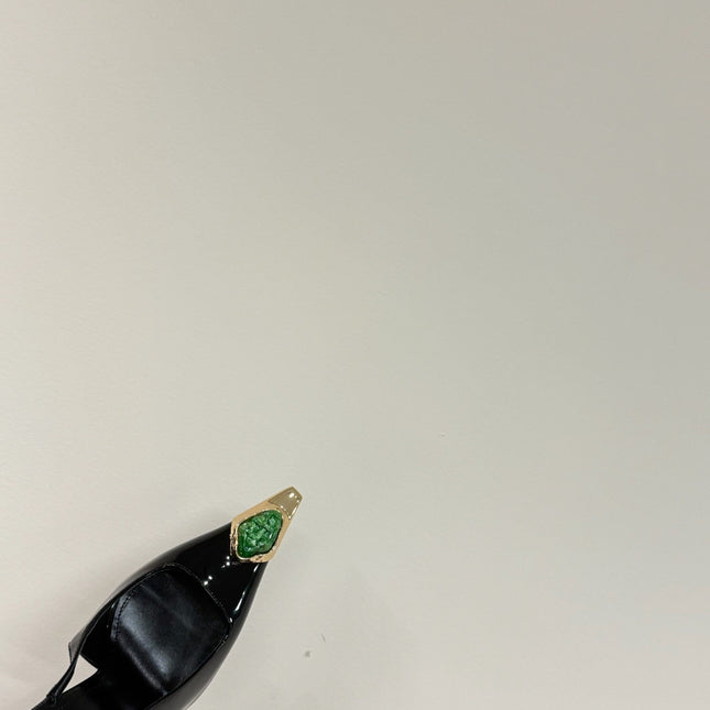 GREEN GEM-STUDDED SLINGBACK PUMPS IN BLACK PATENT CALFSKIN