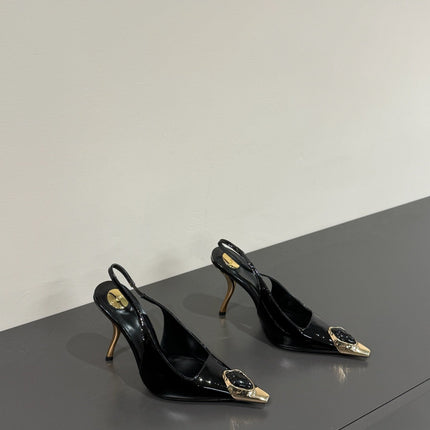 BLACK GEM-STUDDED SLINGBACK PUMPS IN BLACK PATENT CALFSKIN