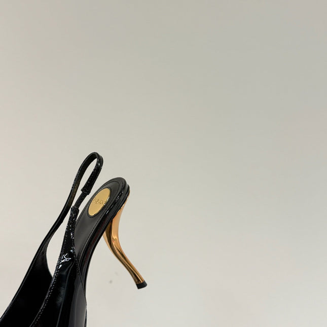 BLACK GEM-STUDDED SLINGBACK PUMPS IN BLACK PATENT CALFSKIN