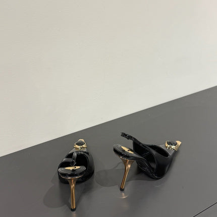 BLACK GEM-STUDDED SLINGBACK PUMPS IN BLACK PATENT CALFSKIN