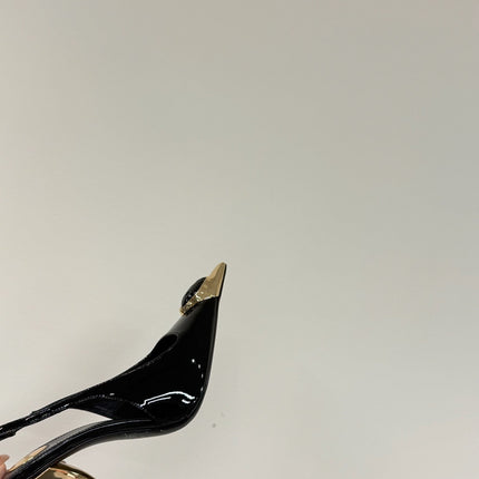 BLACK GEM-STUDDED SLINGBACK PUMPS IN BLACK PATENT CALFSKIN