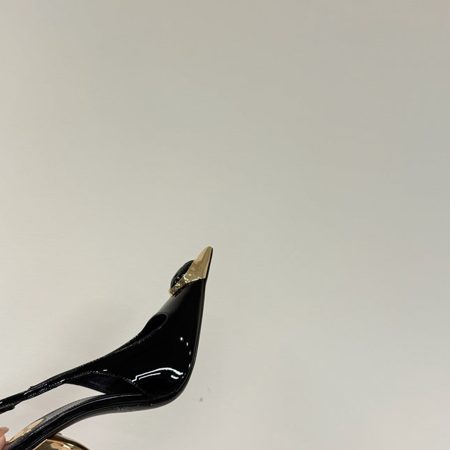 BLACK GEM-STUDDED SLINGBACK PUMPS IN BLACK PATENT CALFSKIN
