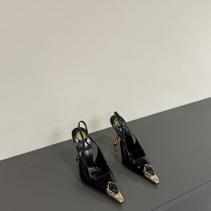 BLACK GEM-STUDDED SLINGBACK PUMPS IN BLACK PATENT CALFSKIN