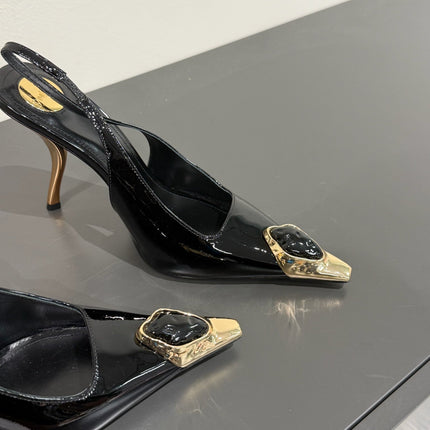 BLACK GEM-STUDDED SLINGBACK PUMPS IN BLACK PATENT CALFSKIN