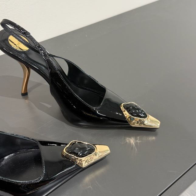BLACK GEM-STUDDED SLINGBACK PUMPS IN BLACK PATENT CALFSKIN