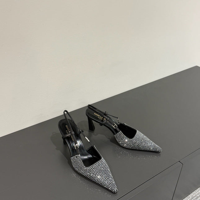 HIGH SLINGBACKS POINTED-TOE IN BLACK LAMBSKIN WITH SILVER CRYSTALS