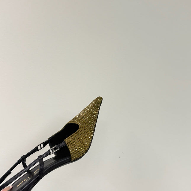 HIGH SLINGBACKS POINTED-TOE IN METALLIC GOLD LAMBSKIN WITH CRYSTALS
