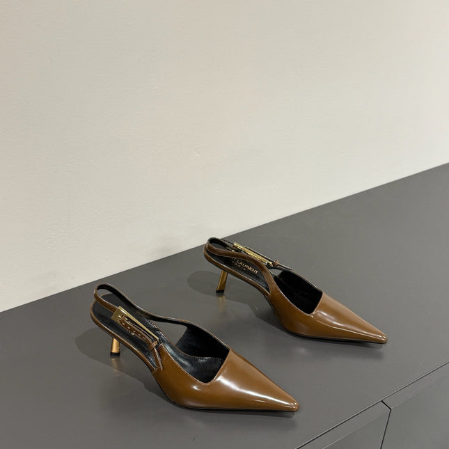 LEE SLINGBACK MID PUMPS IN BARK BROWN SHINY CALFSKIN