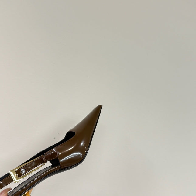 LEE SLINGBACK MID PUMPS IN BARK BROWN SHINY CALFSKIN