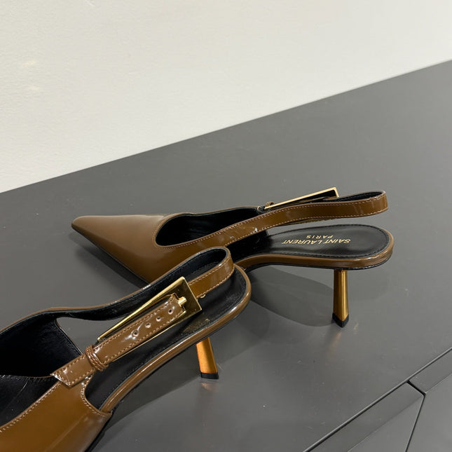 LEE SLINGBACK MID PUMPS IN BARK BROWN SHINY CALFSKIN