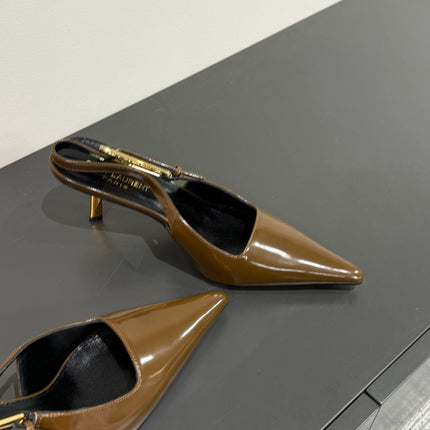 LEE SLINGBACK MID PUMPS IN BARK BROWN SHINY CALFSKIN