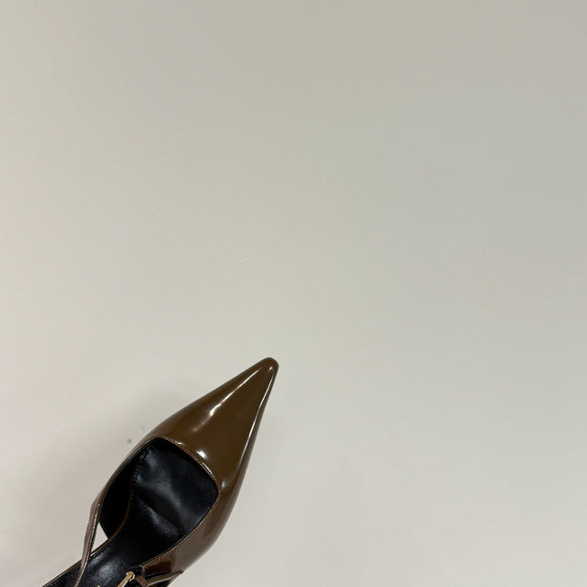LEE SLINGBACK MID PUMPS IN BARK BROWN SHINY CALFSKIN