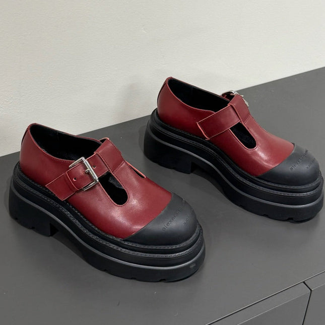 PLATFORM PATCHWWORK MARY JANE IN BLACK MIX BURGUNDY RED CALFSKIN