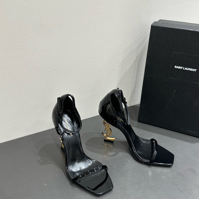 YSL HEELED SANDALS 25S 105 MM IN BLACK GLOSSY LAMBSKIN WITH GOLD HARDWARE