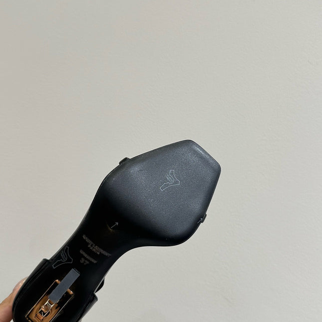 YSL HEELED SANDALS 25S 105 MM IN BLACK GLOSSY LAMBSKIN WITH GOLD HARDWARE