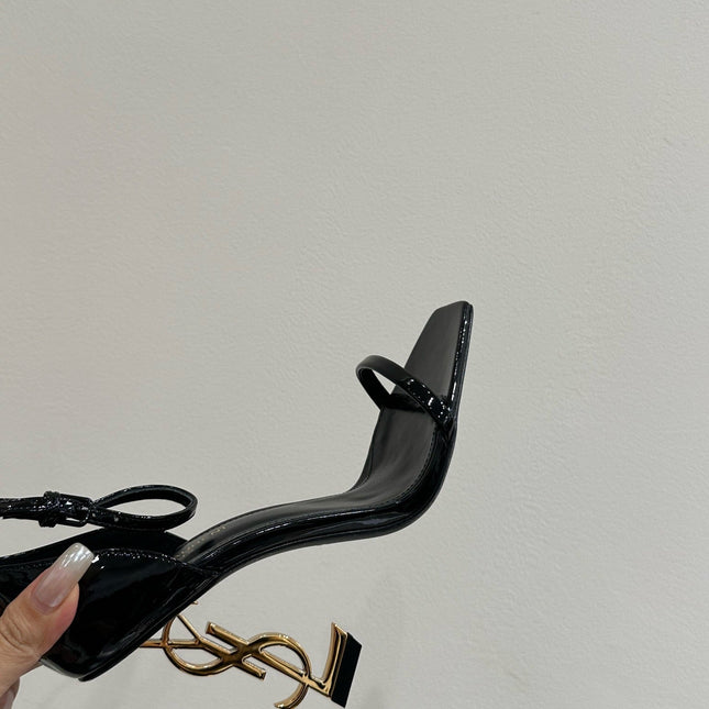 YSL HEELED SANDALS 25S 105 MM IN BLACK GLOSSY LAMBSKIN WITH GOLD HARDWARE