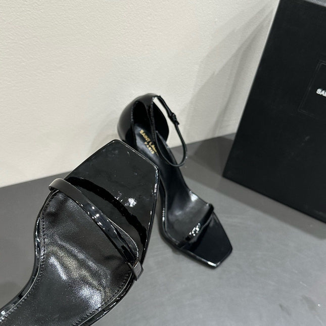 YSL HEELED SANDALS 25S 105 MM IN BLACK GLOSSY LAMBSKIN