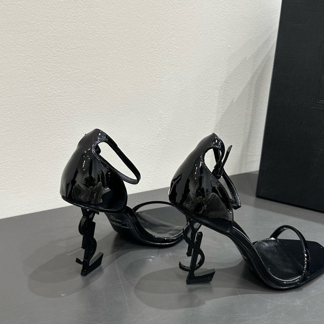 YSL HEELED SANDALS 25S 105 MM IN BLACK GLOSSY LAMBSKIN