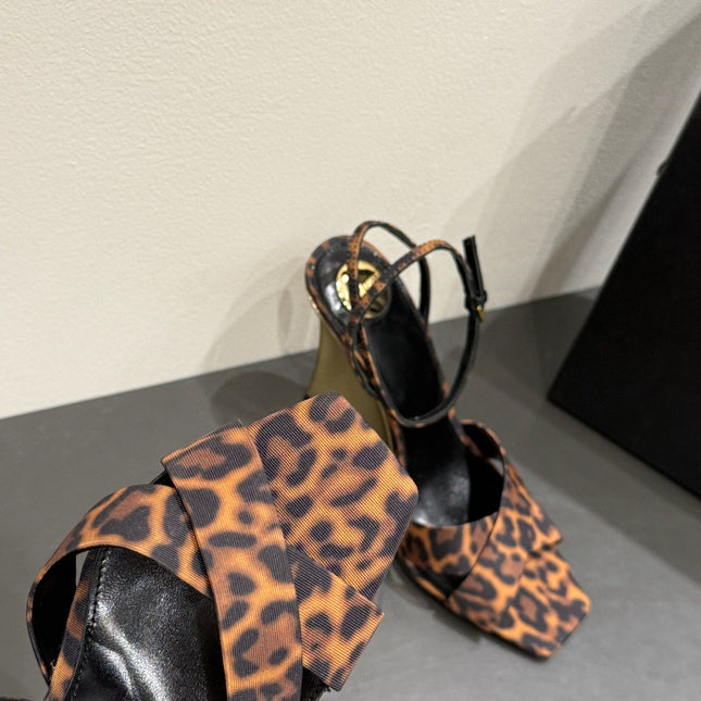 YSL STRAPPY WEDGE SANDALS 25S IN LEOPARD PRINT FABRIC