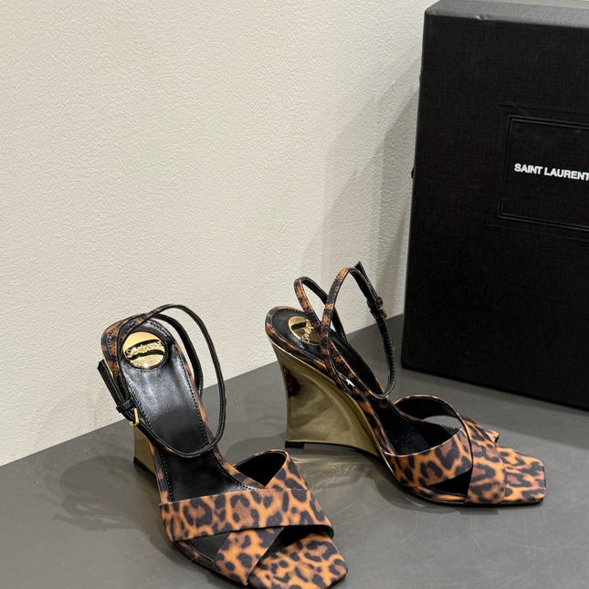 YSL STRAPPY WEDGE SANDALS 25S IN LEOPARD PRINT FABRIC