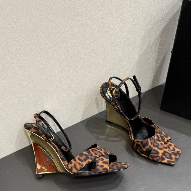 YSL STRAPPY WEDGE SANDALS 25S IN LEOPARD PRINT FABRIC