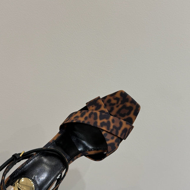 YSL STRAPPY WEDGE SANDALS 25S IN LEOPARD PRINT FABRIC