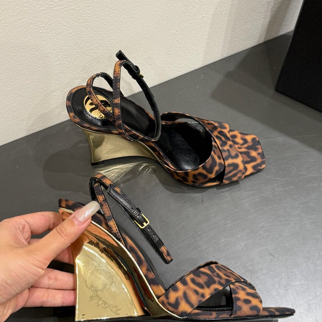 YSL STRAPPY WEDGE SANDALS 25S IN LEOPARD PRINT FABRIC