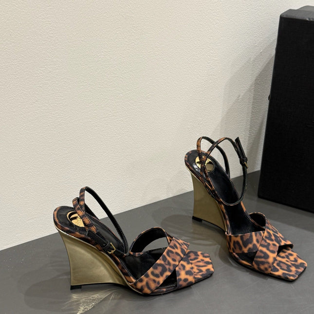 YSL STRAPPY WEDGE SANDALS 25S IN LEOPARD PRINT FABRIC