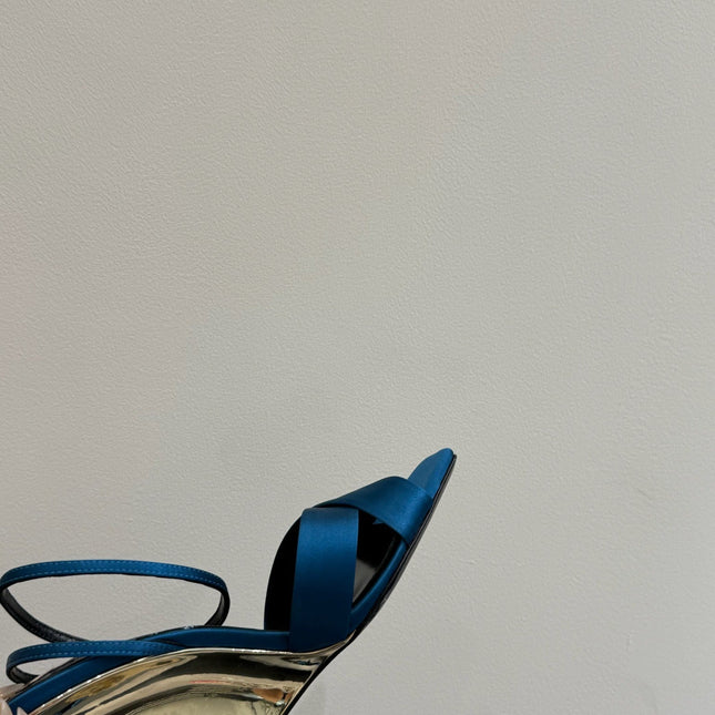 YSL STRAPPY WEDGE SANDALS 25S IN DARK BLUE SATIN