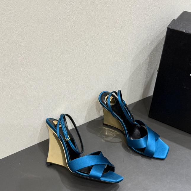 YSL STRAPPY WEDGE SANDALS 25S IN DARK BLUE SATIN