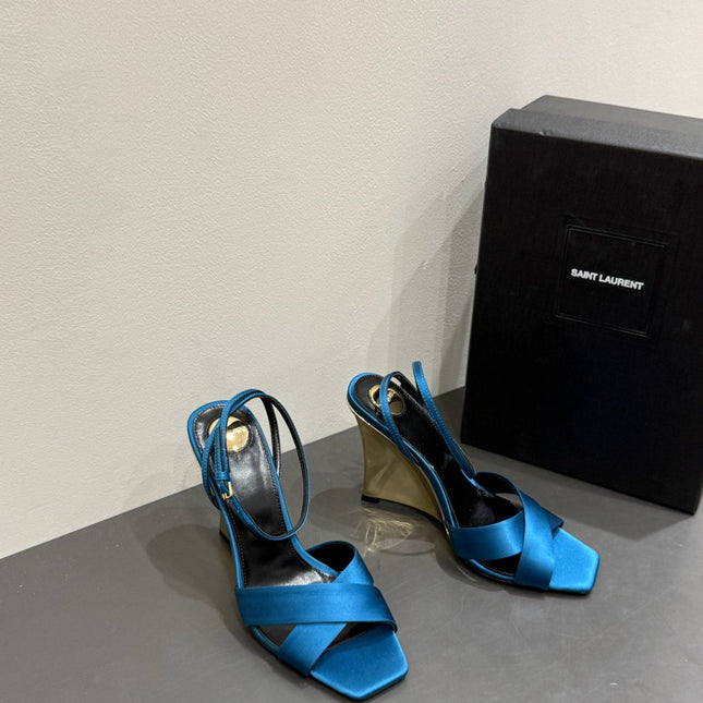 YSL STRAPPY WEDGE SANDALS 25S IN DARK BLUE SATIN