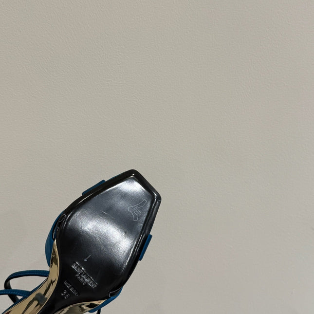 YSL STRAPPY WEDGE SANDALS 25S IN DARK BLUE SATIN