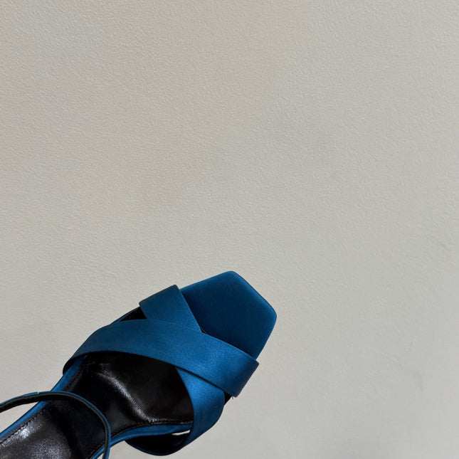 YSL STRAPPY WEDGE SANDALS 25S IN DARK BLUE SATIN