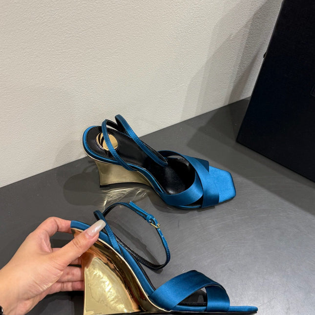 YSL STRAPPY WEDGE SANDALS 25S IN DARK BLUE SATIN
