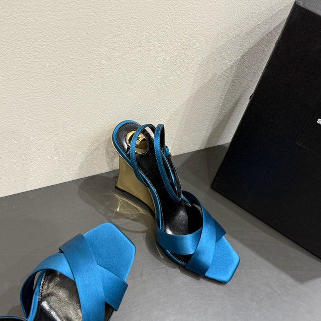 YSL STRAPPY WEDGE SANDALS 25S IN DARK BLUE SATIN