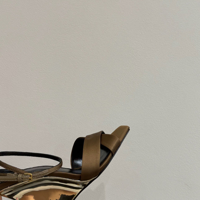 YSL STRAPPY WEDGE SANDALS 25S IN CARAMEL BROWN SATIN