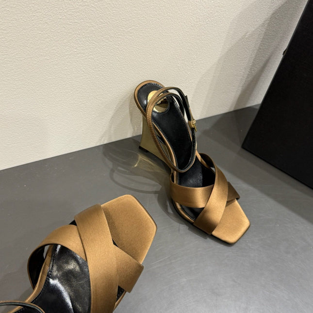 YSL STRAPPY WEDGE SANDALS 25S IN CARAMEL BROWN SATIN