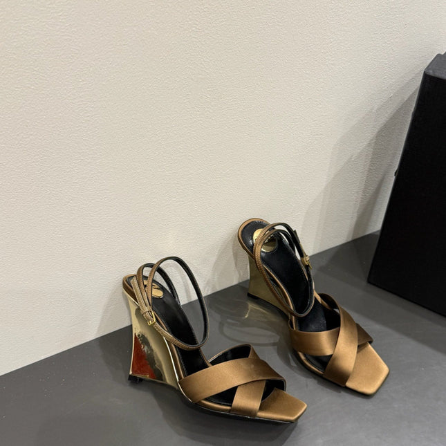 YSL STRAPPY WEDGE SANDALS 25S IN CARAMEL BROWN SATIN