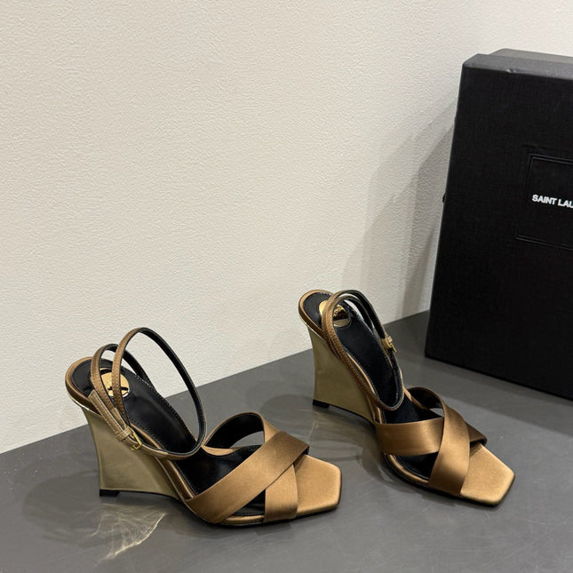 YSL STRAPPY WEDGE SANDALS 25S IN CARAMEL BROWN SATIN
