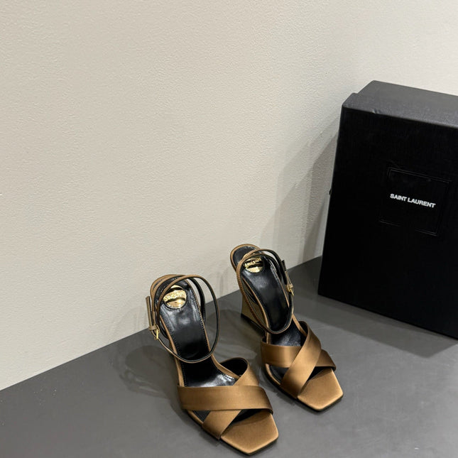YSL STRAPPY WEDGE SANDALS 25S IN CARAMEL BROWN SATIN