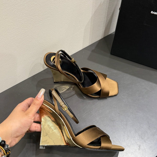 YSL STRAPPY WEDGE SANDALS 25S IN CARAMEL BROWN SATIN