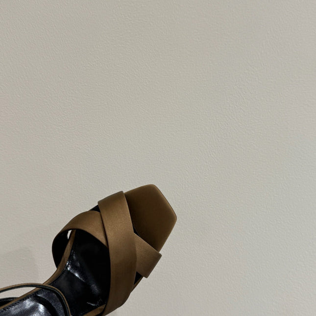 YSL STRAPPY WEDGE SANDALS 25S IN CARAMEL BROWN SATIN