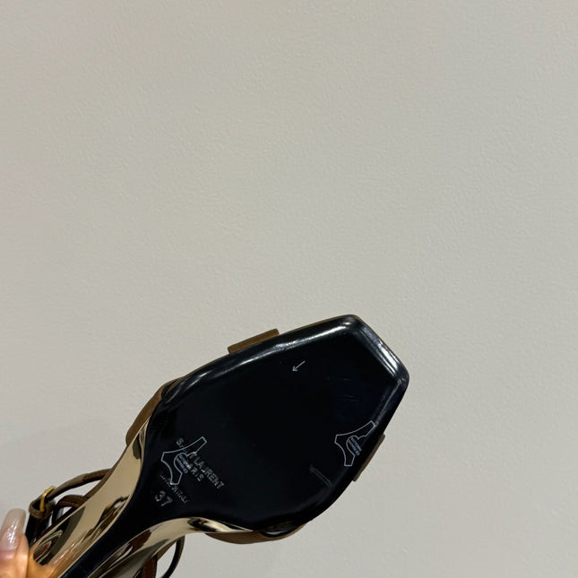 YSL STRAPPY WEDGE SANDALS 25S IN CARAMEL BROWN SATIN