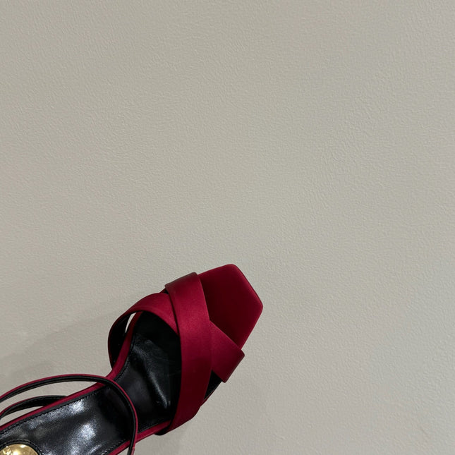 YSL STRAPPY WEDGE SANDALS 25S IN DARK RED SATIN