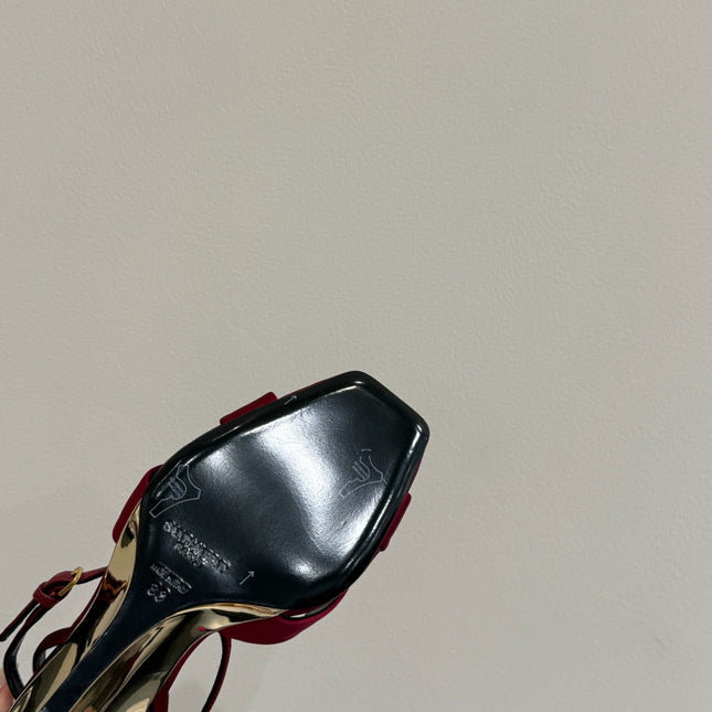 YSL STRAPPY WEDGE SANDALS 25S IN DARK RED SATIN