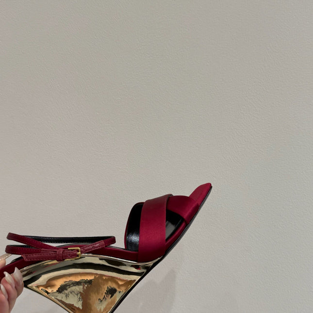 YSL STRAPPY WEDGE SANDALS 25S IN DARK RED SATIN